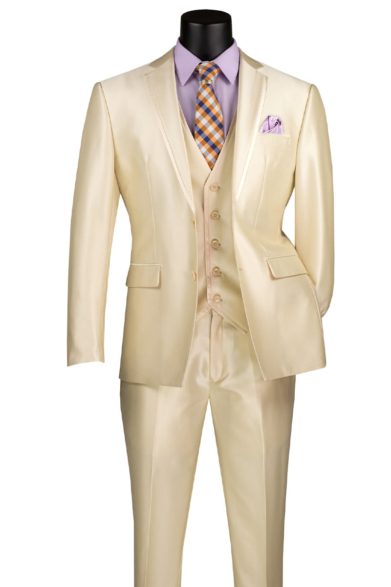 Men’s Vested Slim Fit Shiny Sharkskin Wedding & Prom Tuxedo Suit in Champagne Beige