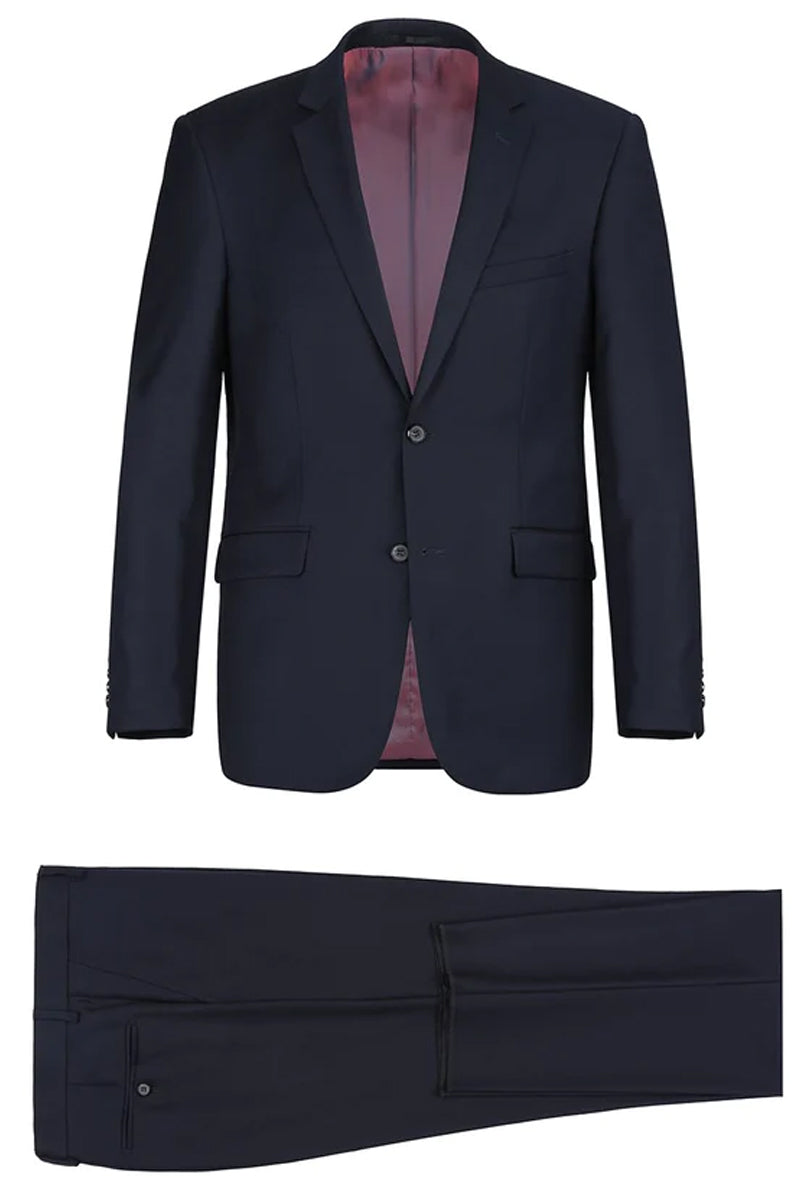 Mens Basic Two Button Classic Fit Wool Suit with Optional Vest in Navy Blue