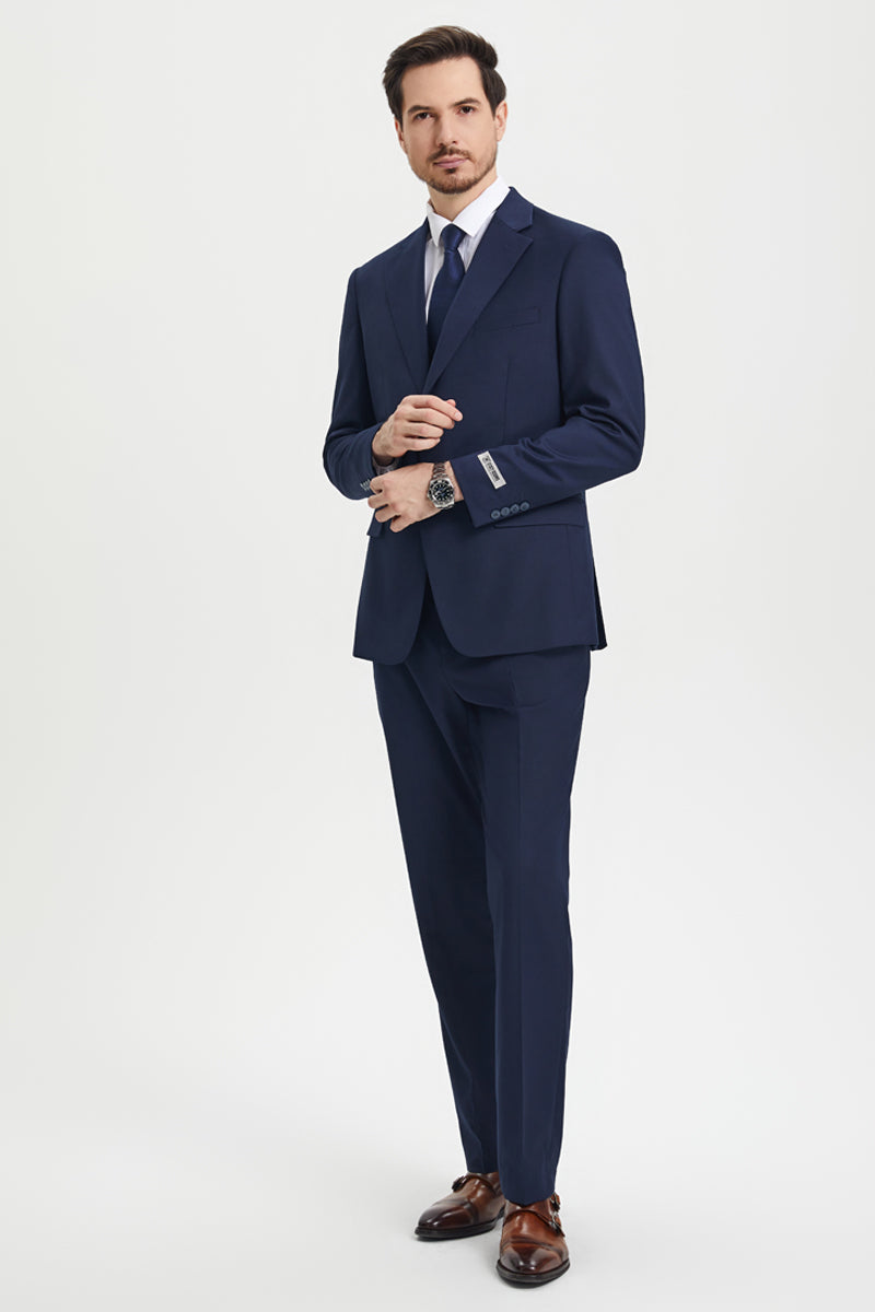 Men’s Two Button Vested Stacy Adams Basic Designer Suit in Navy Blue