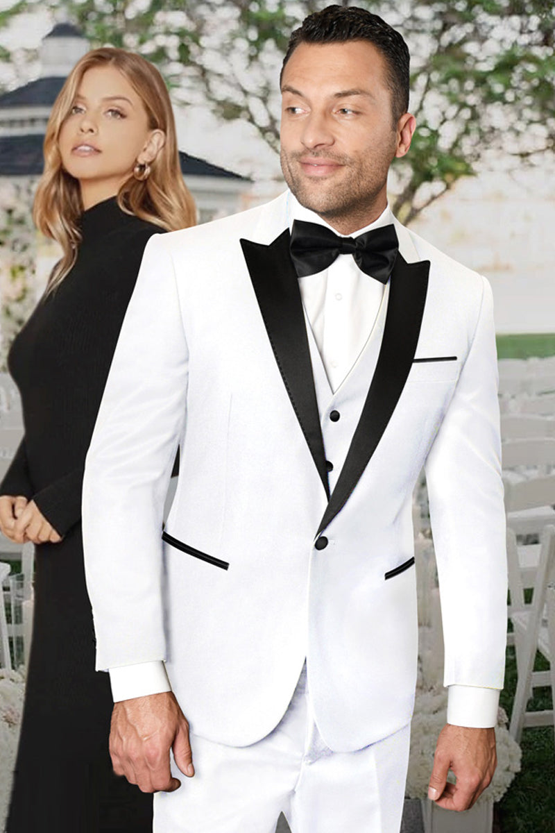 Men’s Vested One Button Peak Lapel Designer Wedding Tuxedo in White