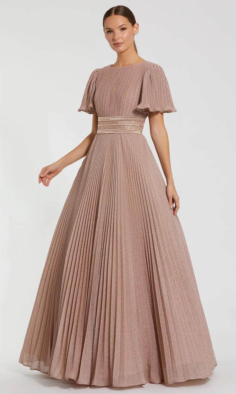 Pleated Bodice Flutter Sleeve Evening Dress