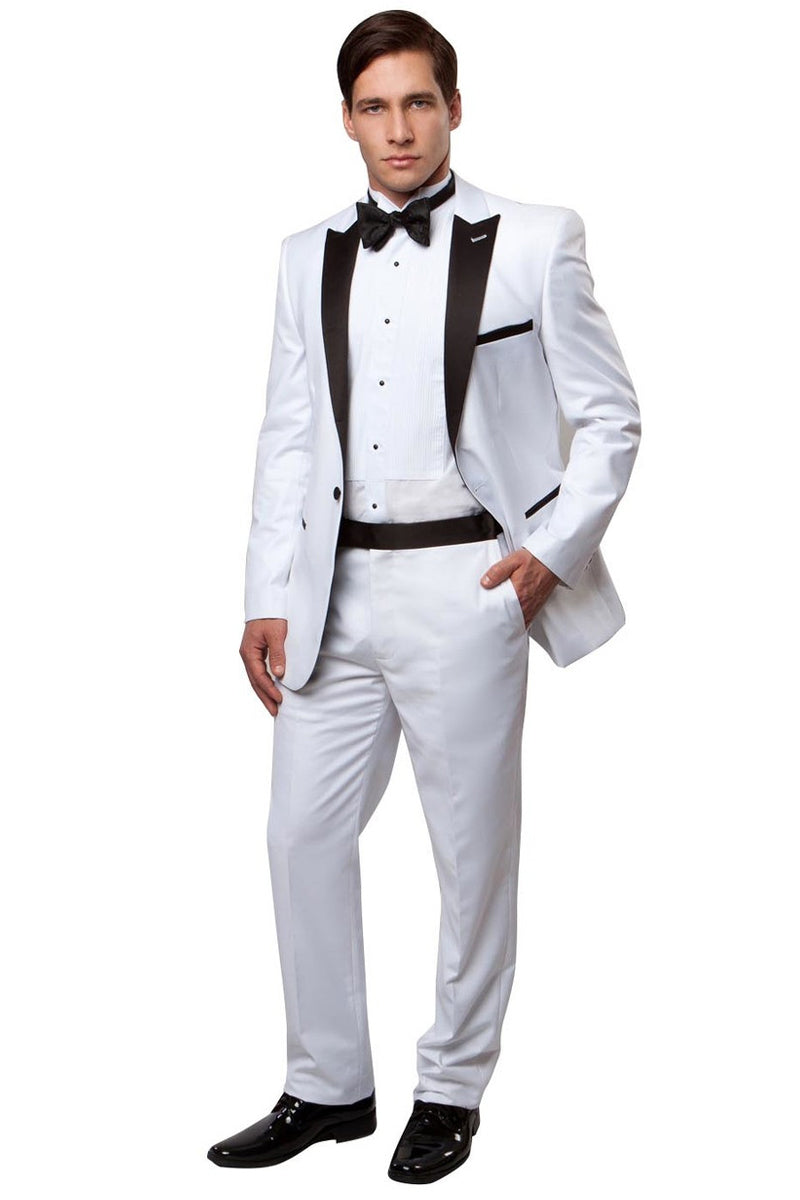 Men’s Slim Fit One Button Peak Lapel Wedding Tuxedo in White & Black
