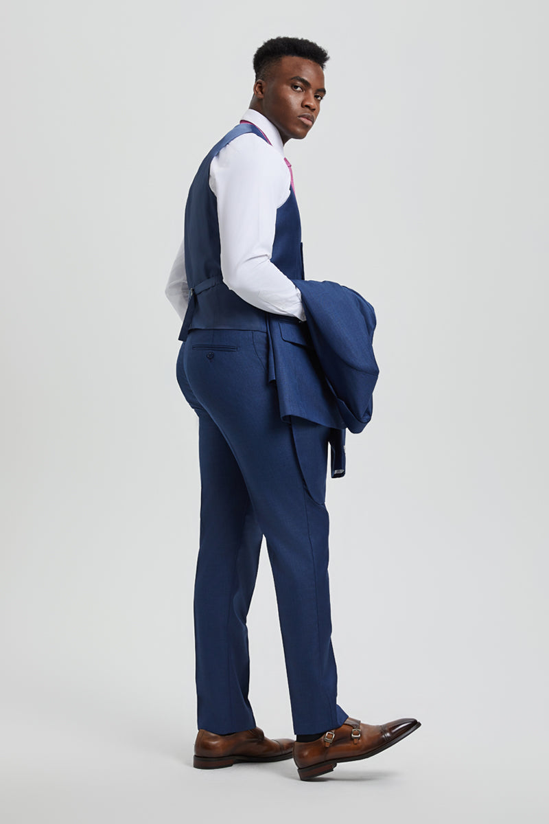 Men’s Two Button Vested Stacy Adams Designer Sharkskin Suit in Blue