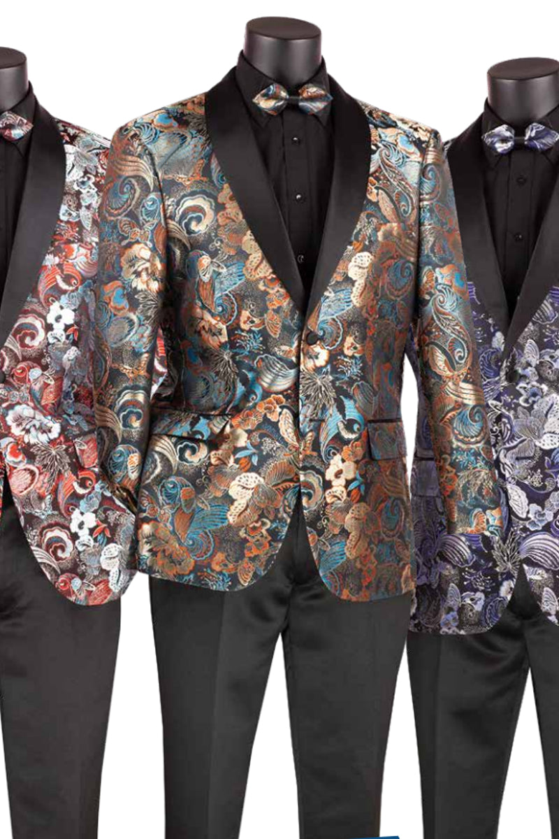 Mens Japanes Floral Paisley Print Prom & Wedding Tuxedo Jacket in Navy Blue