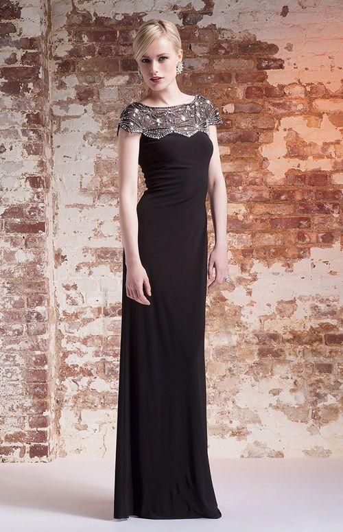 Jeweled Cap Sleeve Jersey Gown AL1889B