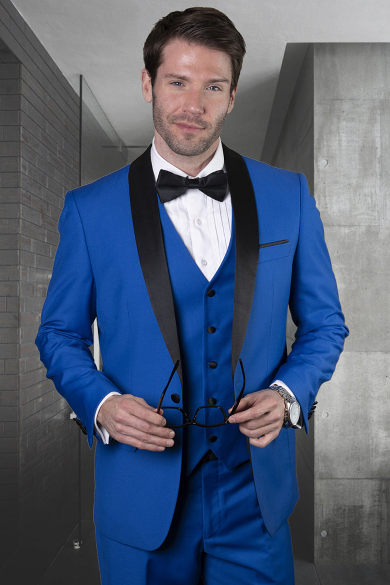 Men’s Designer Wool One Button Shawl Lapel Wedding Tuxedo in Royal Blue