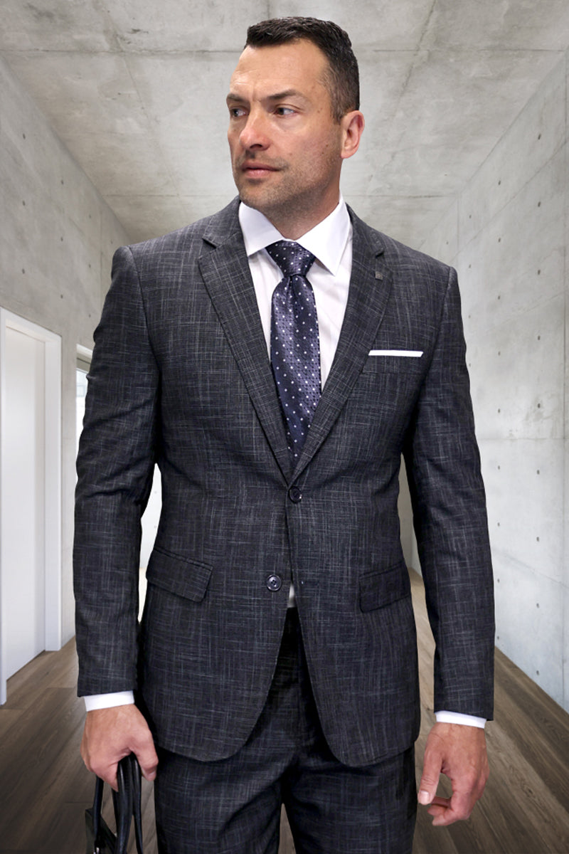 Men’s Designer Modern Fit Italian Wool Suit in Carbon Grey Plaid