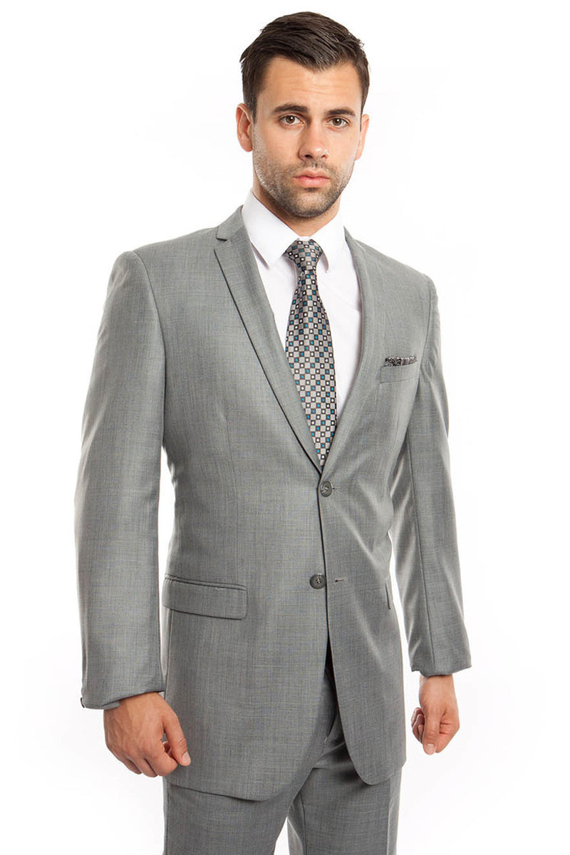Men’s Slim Fit Textured Shiny Sharkskin Suit in Light Grey
