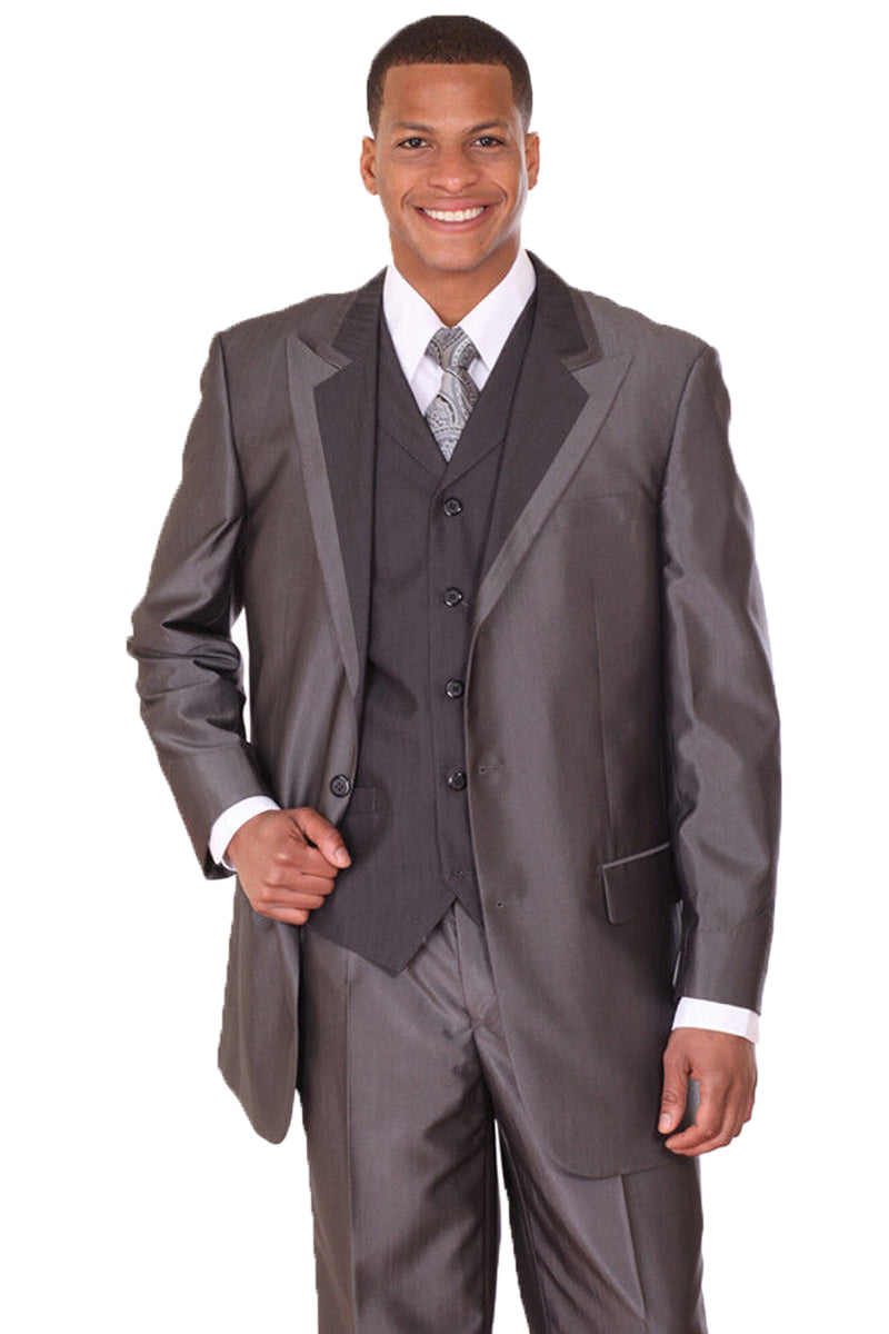 Mens 3 Button Vested Wide Peak Lapel Two Tone Sharkskin Suit in Black