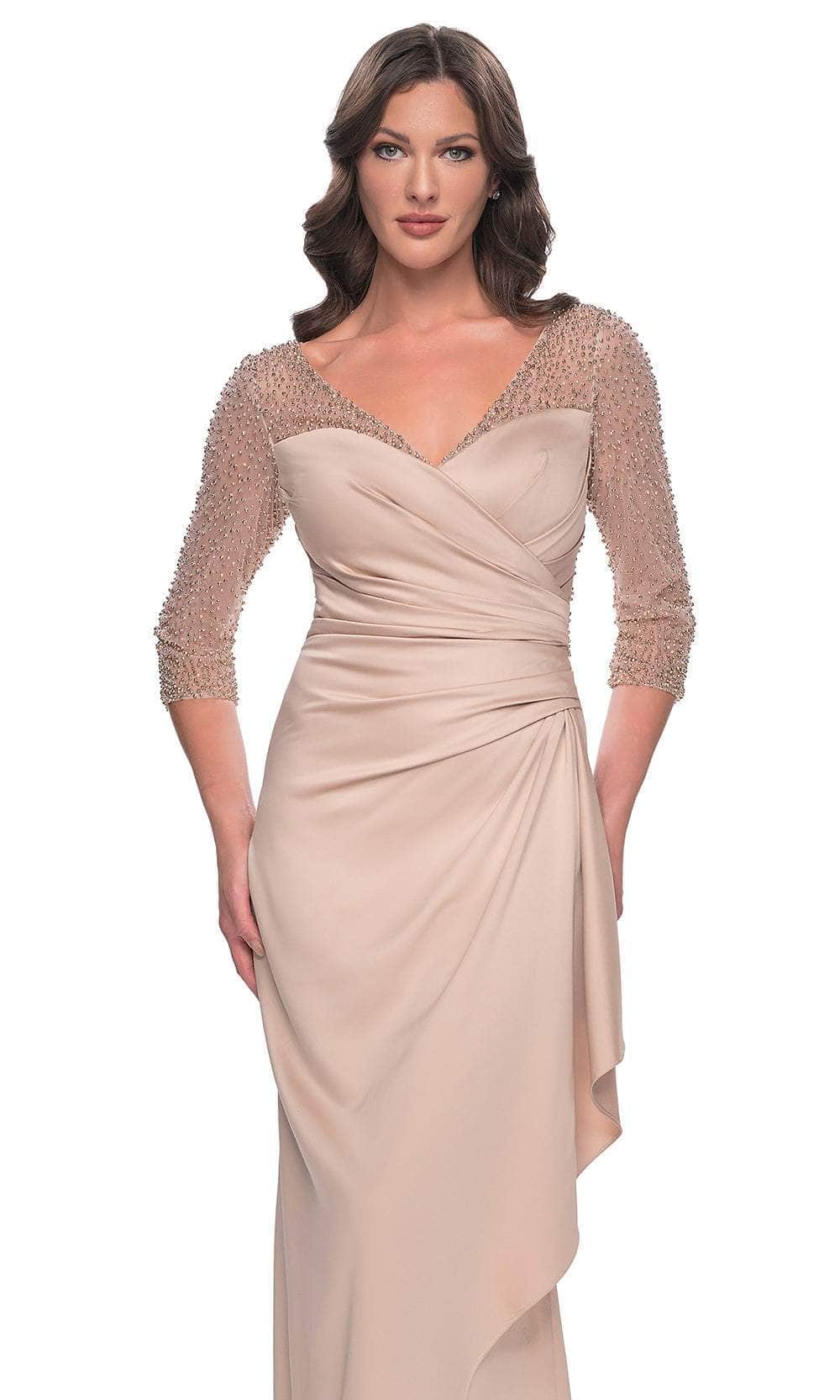 Beaded Illusion Quarter Sleeve Evening Gown