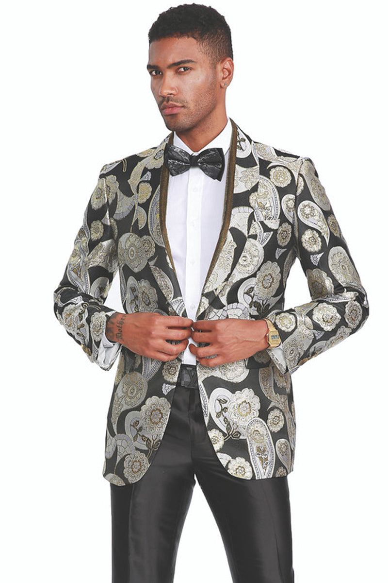 Men’s Bold Brocade Pattern Tuxedo Dinner Jacket in Silver & Black