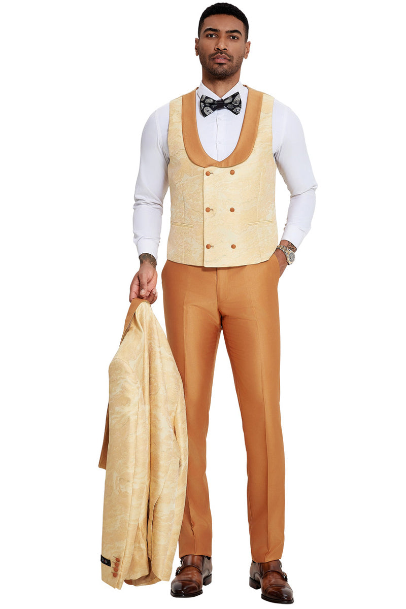 Men’s Slim Fit Vested Wedding & Prom Shawl Lapel Paisley Tuxedo in Gold