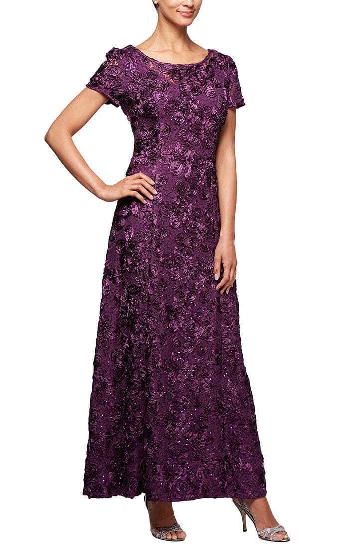 212788 Rosette Lace Sequin Short Sleeve A-Line Gown