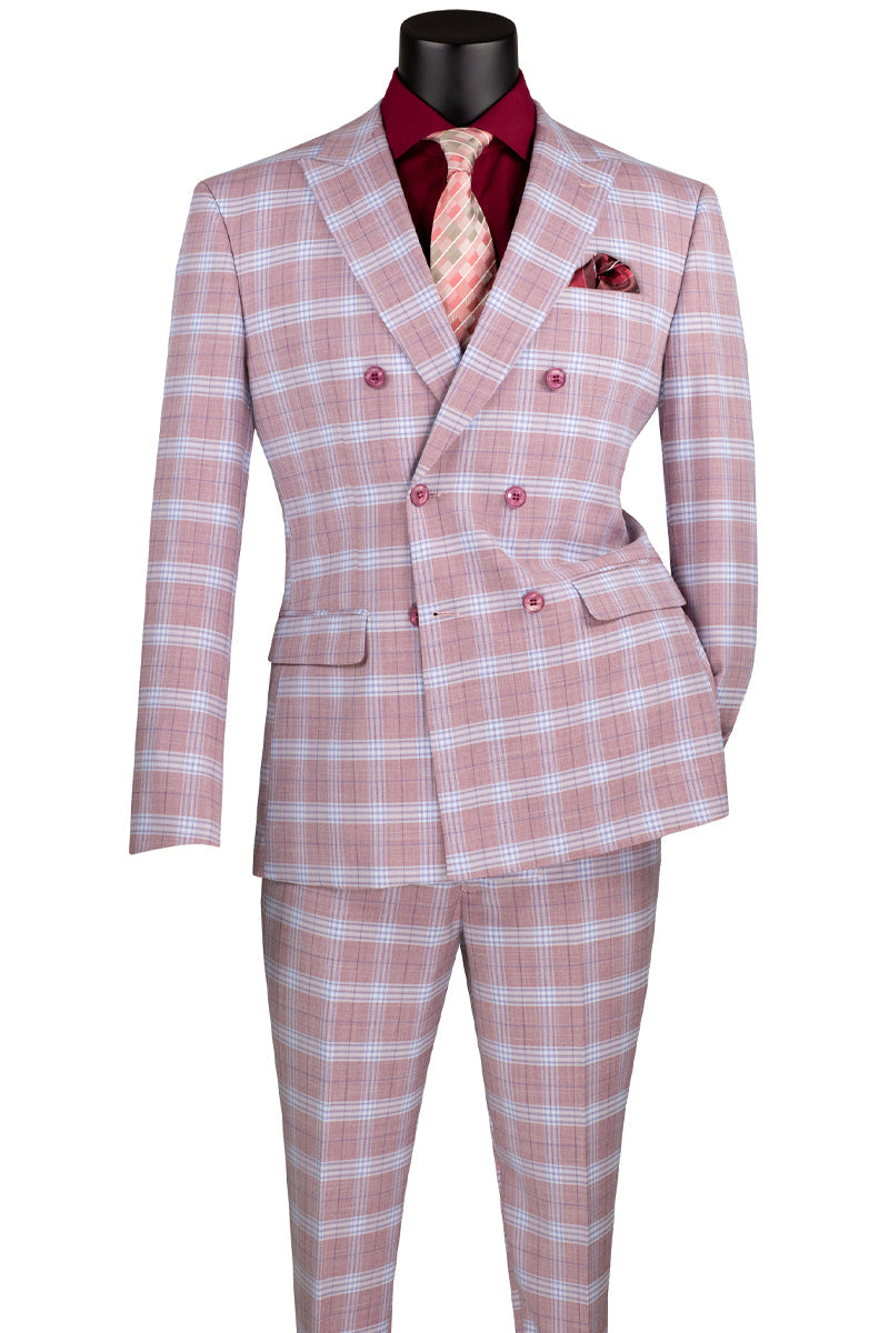 Men’s Slim Fit Double Breasted Suit in Rose Pink Windowpane Plaid