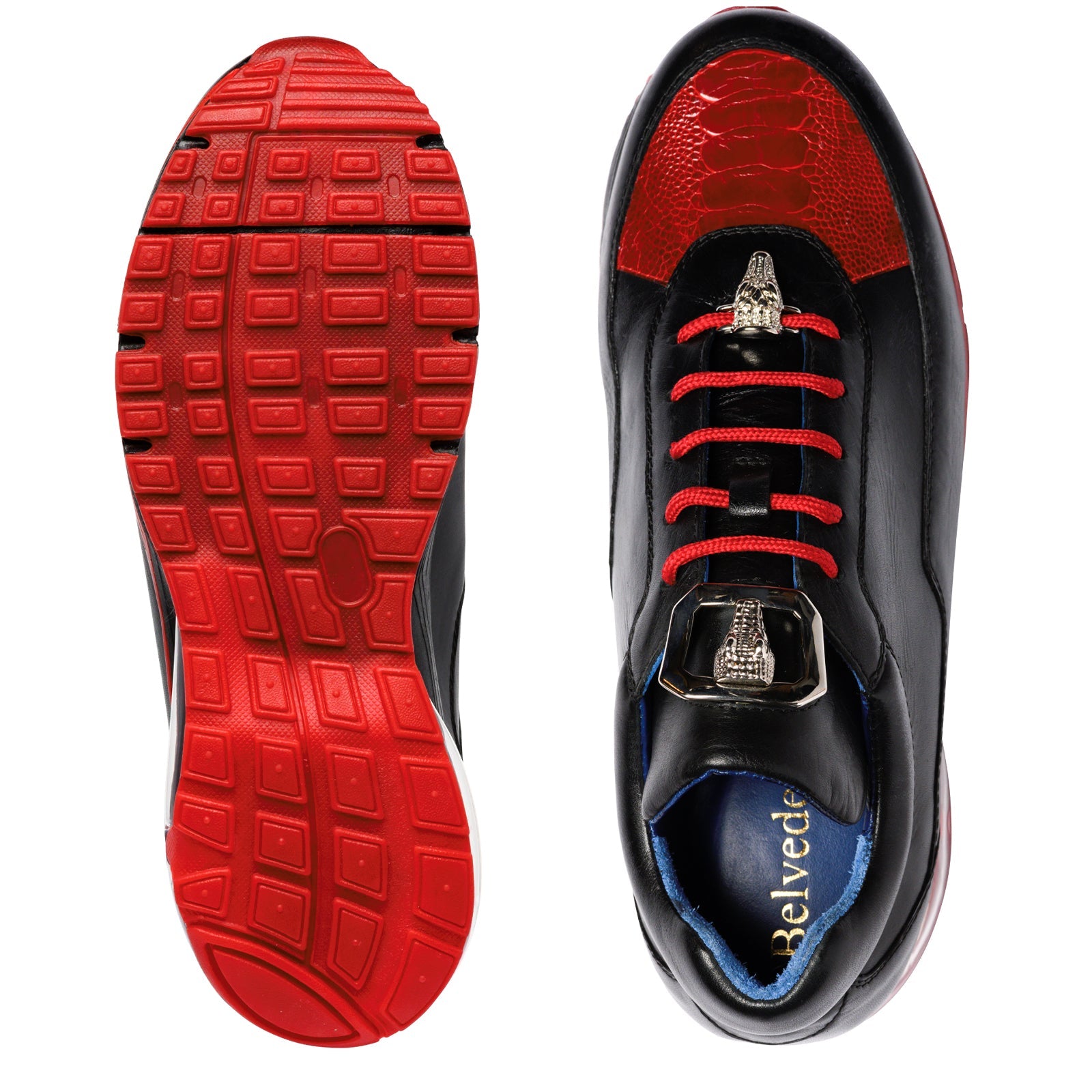 Men’s Belvedere Flash Calf & Ostrich Leg Sneaker in Black & Red