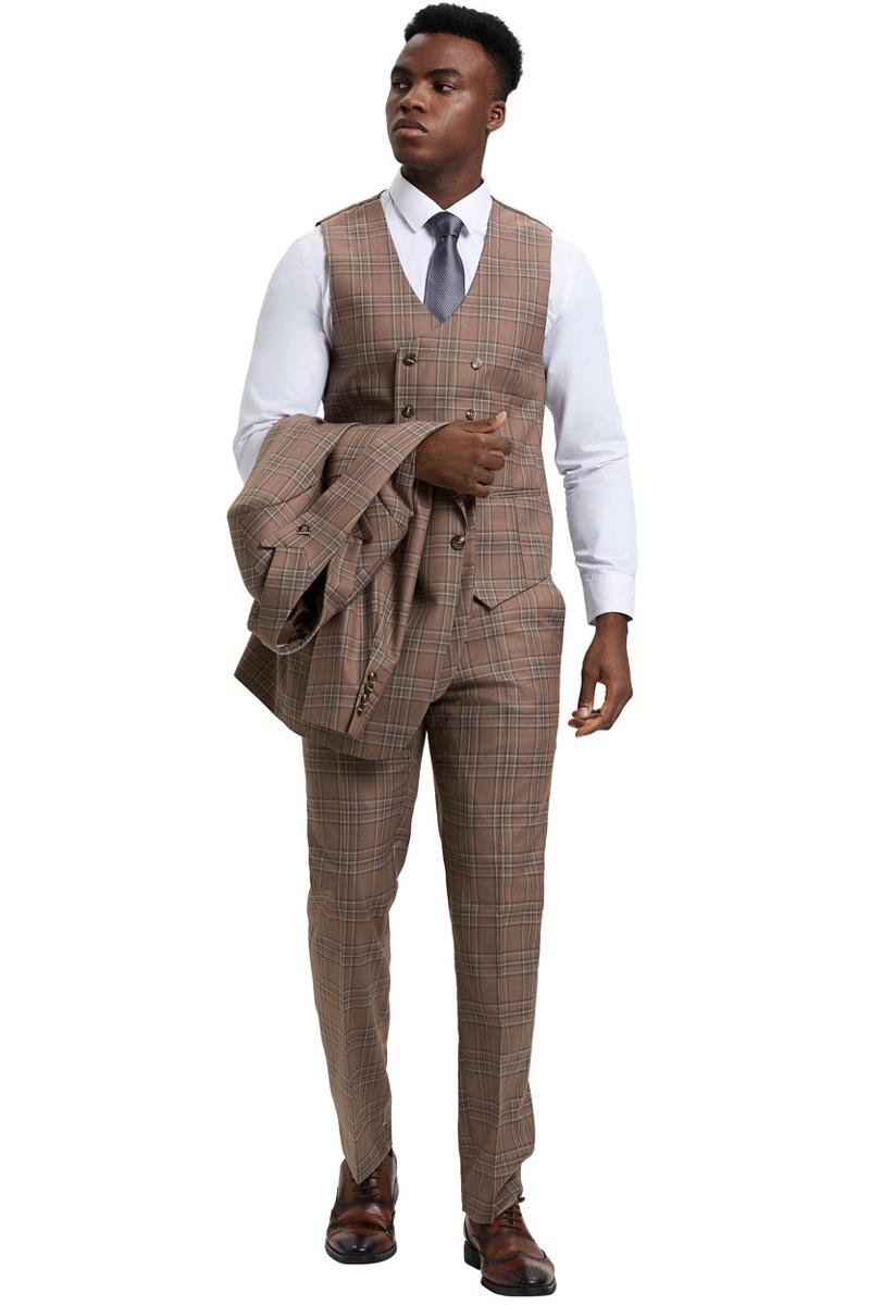 Men’s Stacy Adams One Button Peak Lapel Double Breasted Vest Suit in Light Brown Plaid