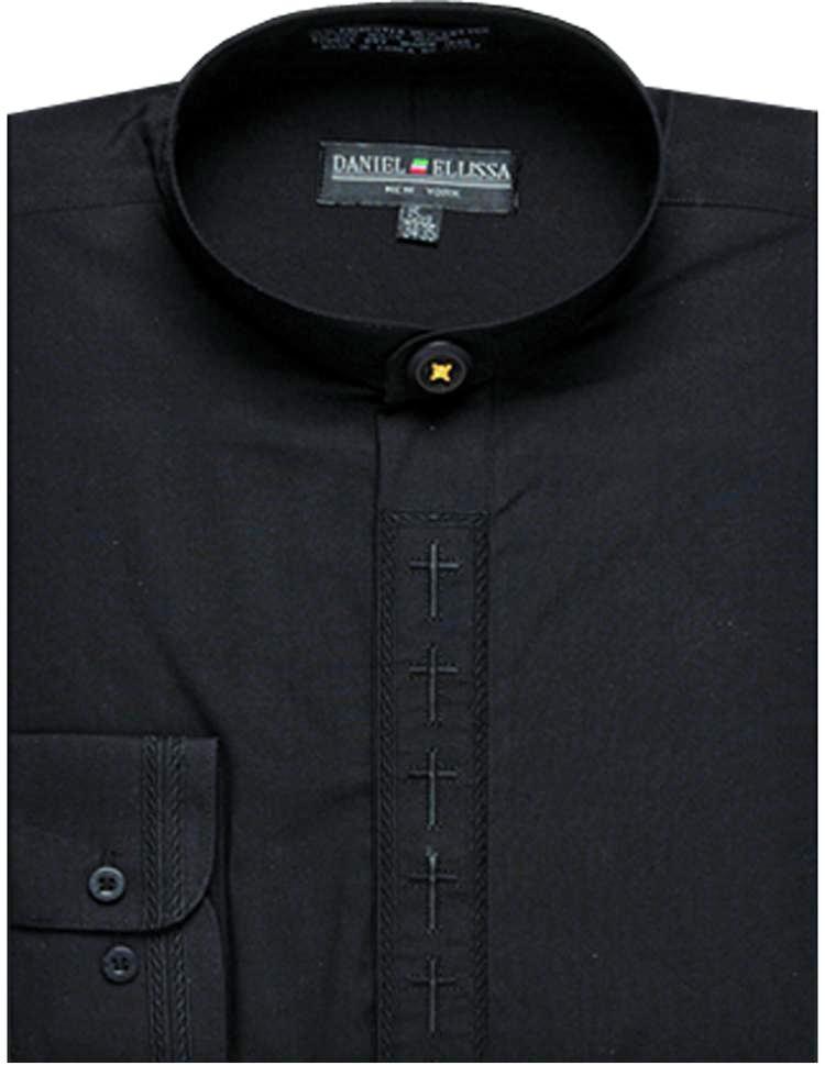 Men’s Cross Embroidered Banded Collar Dress Clergy Shirt in Black