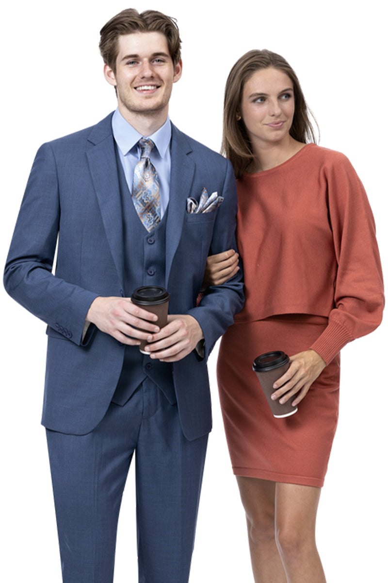 Men Modern Fits Two Button Vested Sharkskin Business Suit in Midnight Blue