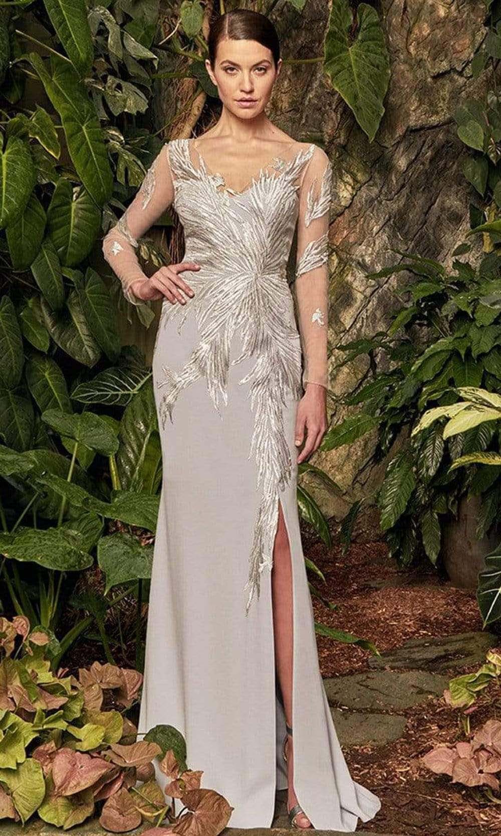 960 Illusion Sleeves Sequin Lace Applique Sheath Gown