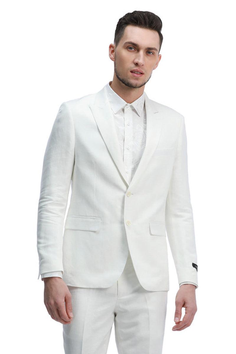 Men’s Two Button Peak Lapel Summer Linen Style Beach Wedding Suit in White