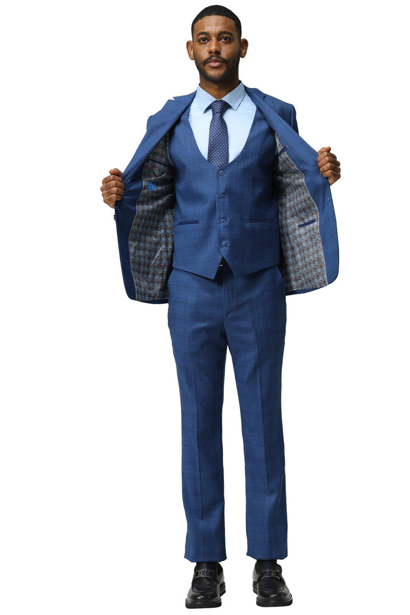 Men’s Modern Fit Two Button Suit with Scoop Vest in Dark Blue Windowpane Plaid