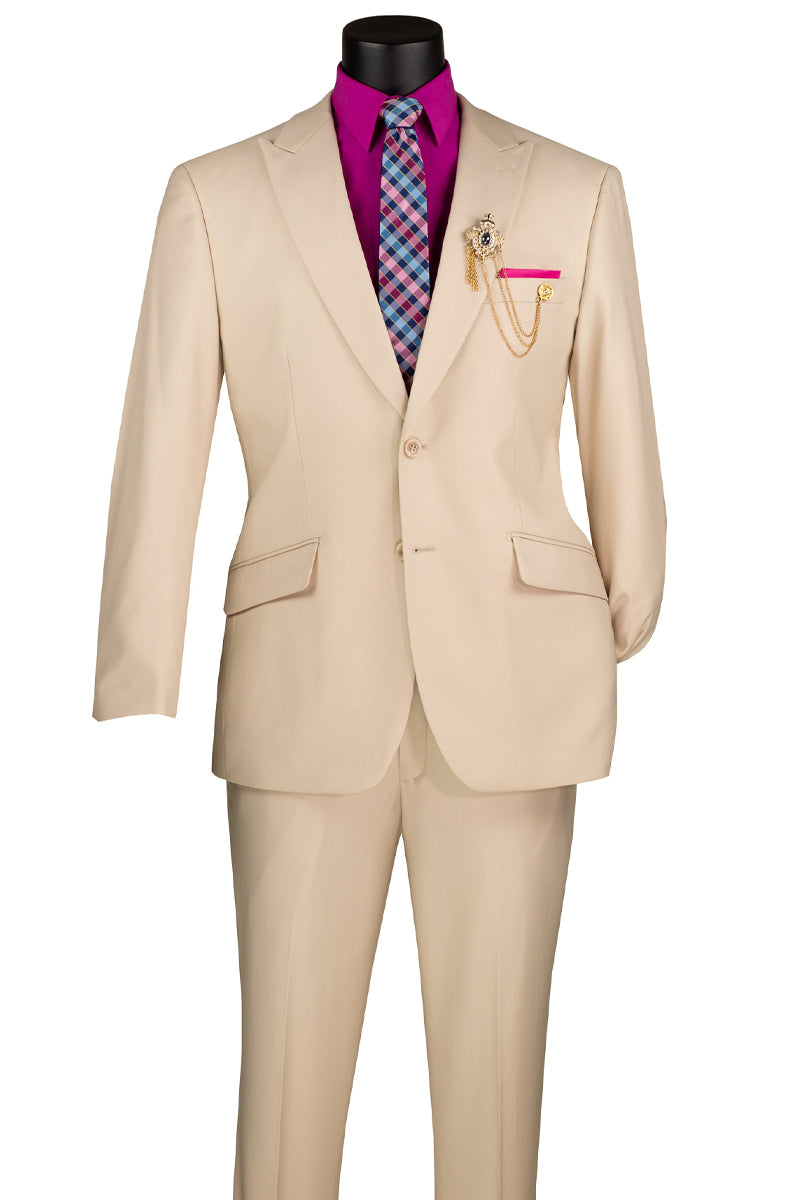 Men’s Two Button Modern Fit Wide Peak Lapel Wool Feel Suit in Tan