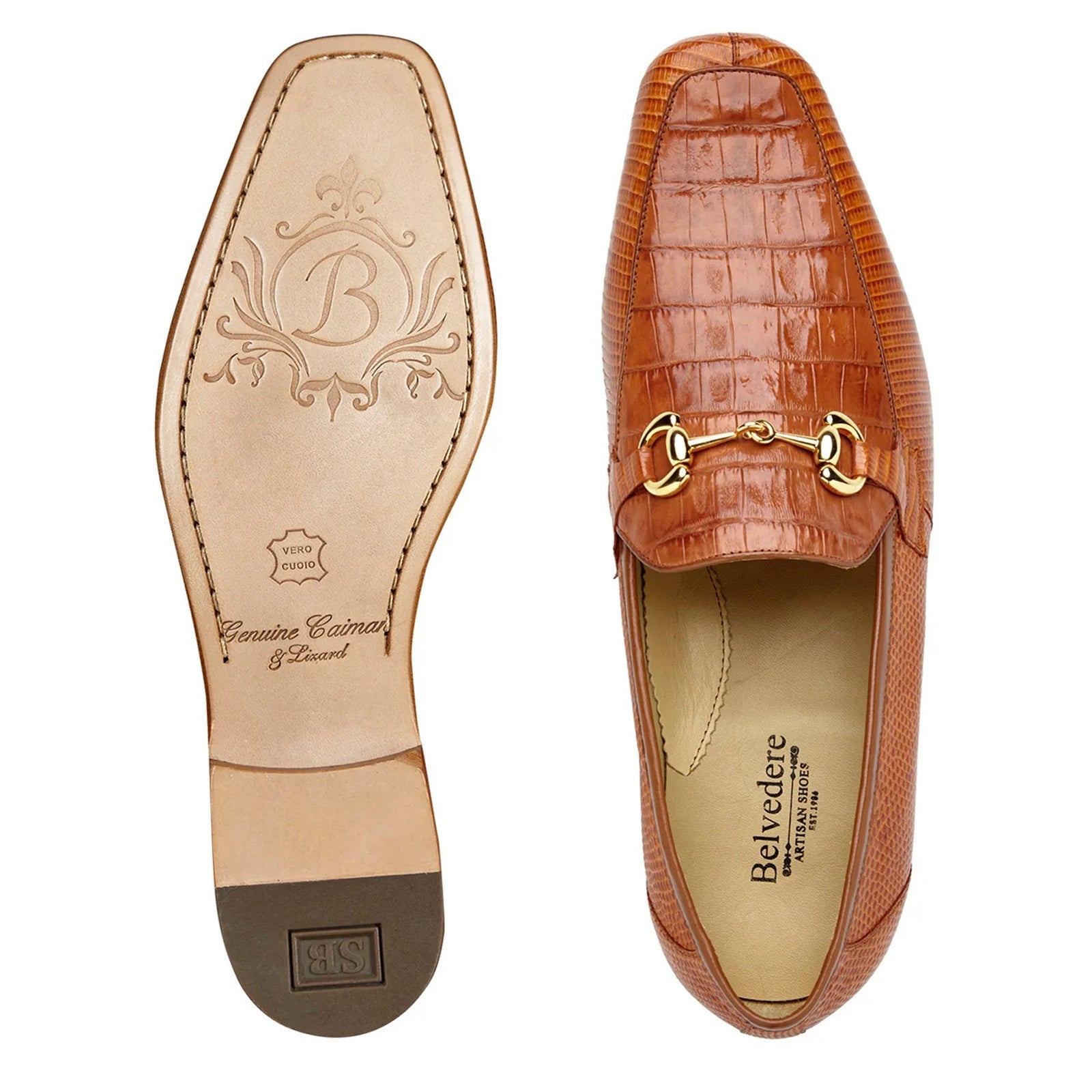 Men’s Belvedere Udine Crocodile & Lizard Buckle Dress Loafer in Brandy