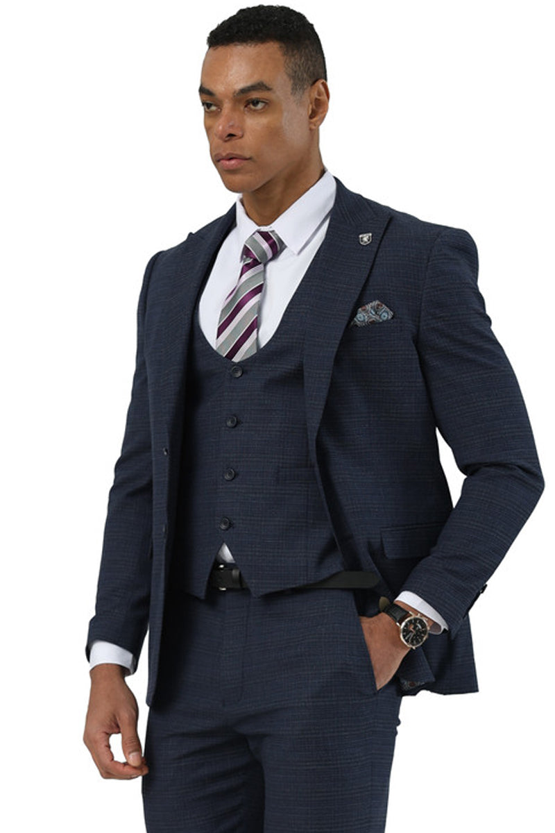 Men’s Stacy Adams Two Button Peak Lapel Suit with Scoop Vest in Navy Glen Plaid