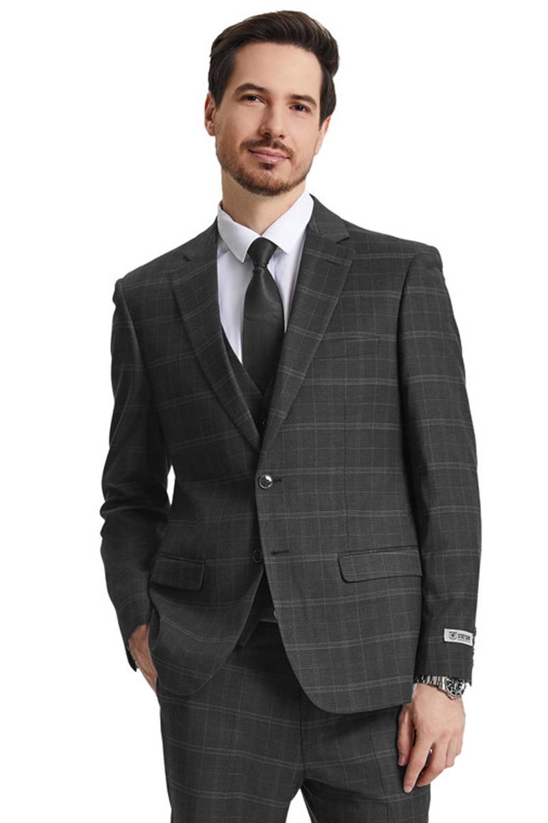 Men’s Stacy Adams Vested Modern Fit Windowpane Plaid Suit in Olive Green