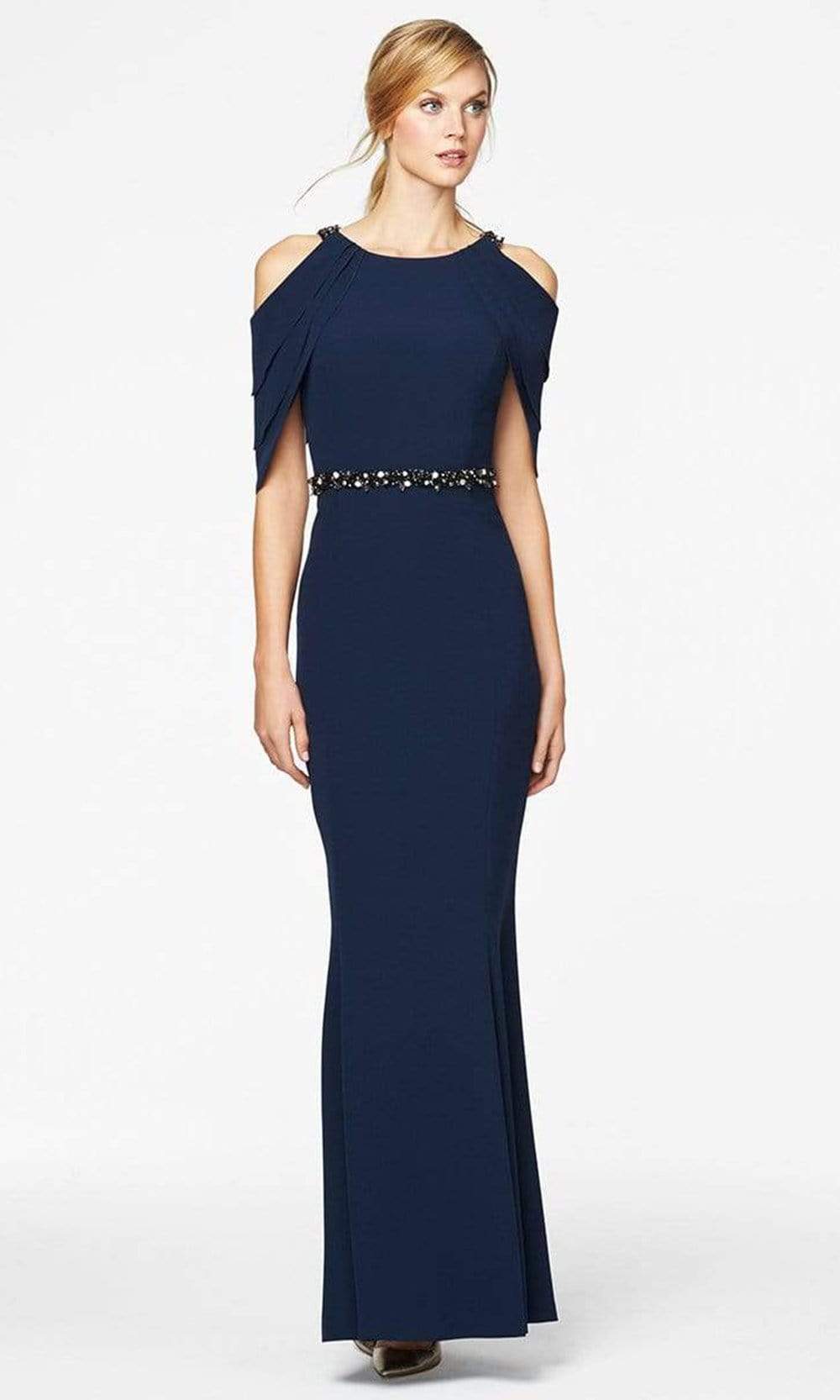350 Cold Shoulder Beaded Waist Sheath Gown