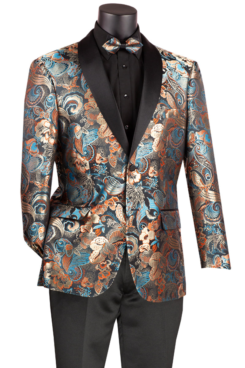 Men’s Modern Fit Japanese Paisley Print Tuxedo Jacket in Teal Green