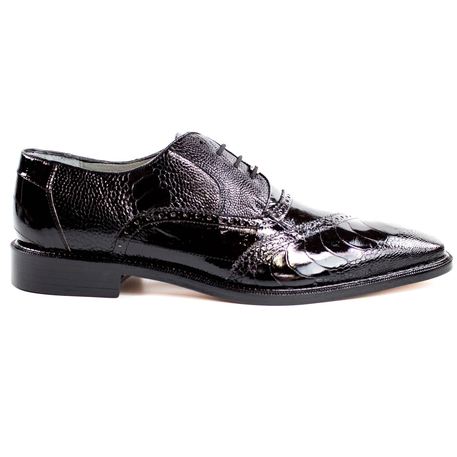 Men’s Belvedere Nino Slanted Wingtip Ostrich Leg & Eel Dress Shoe in Black
