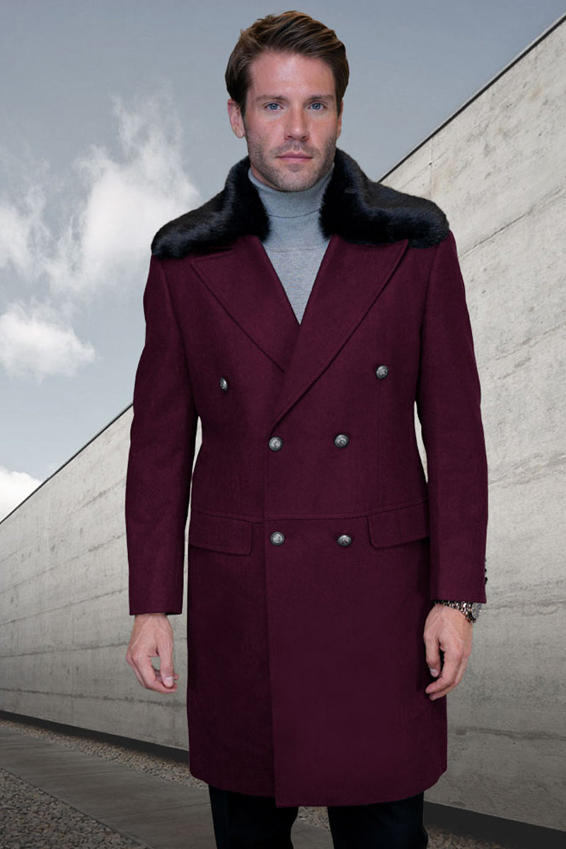 Men’s Designer 100% Double Breasted Winter Overcoat with Removable Fur Collar in Burgundy