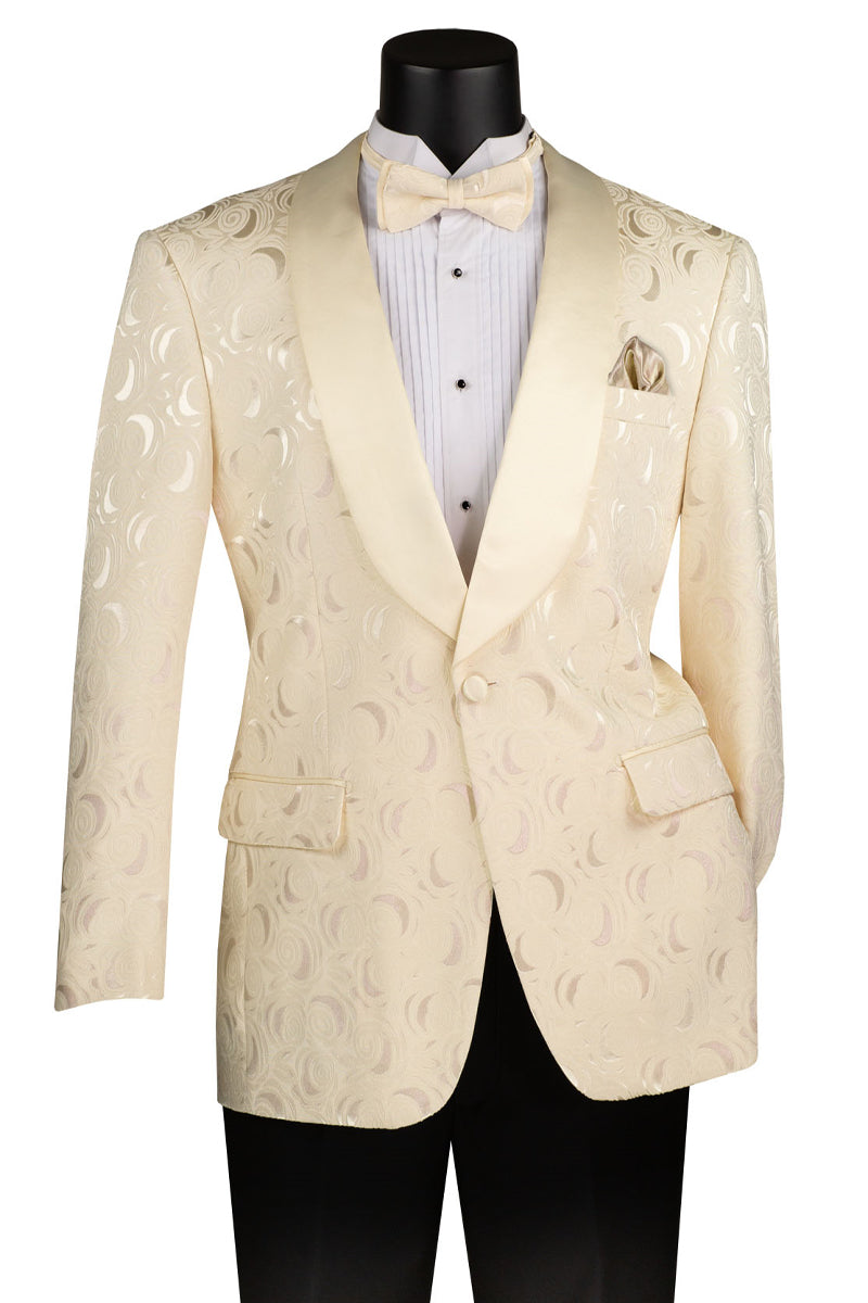 Men’s Regular Fit Square Shawl Prom & Wedding Tuxedo Jacket in Light Champagne Paisley Rose Print
