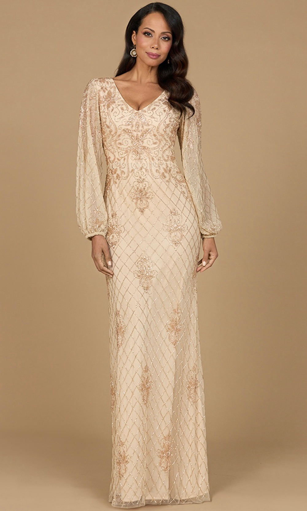 Beaded Lattice Deep V-Neck Formal Dress