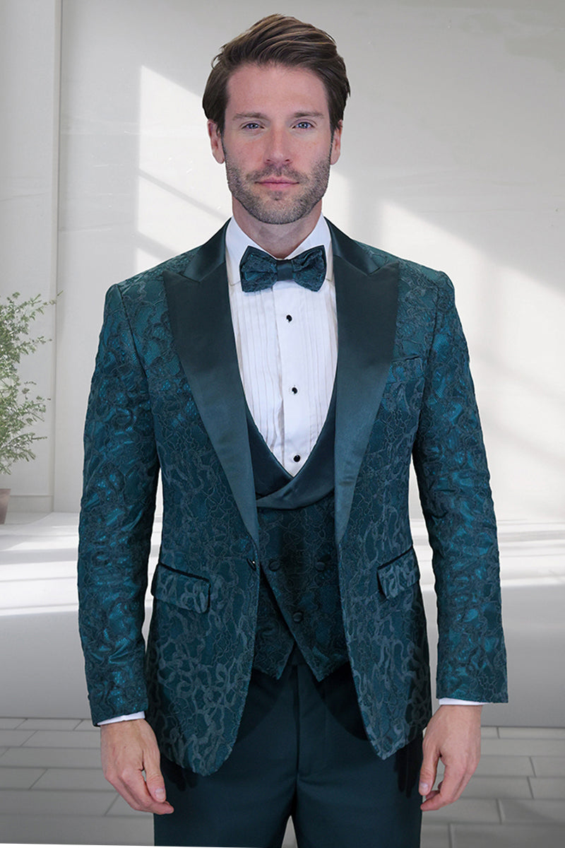 Men’s Designer Vested Tonal Paisley Wedding & Prom Tuxedo in Hunter Green