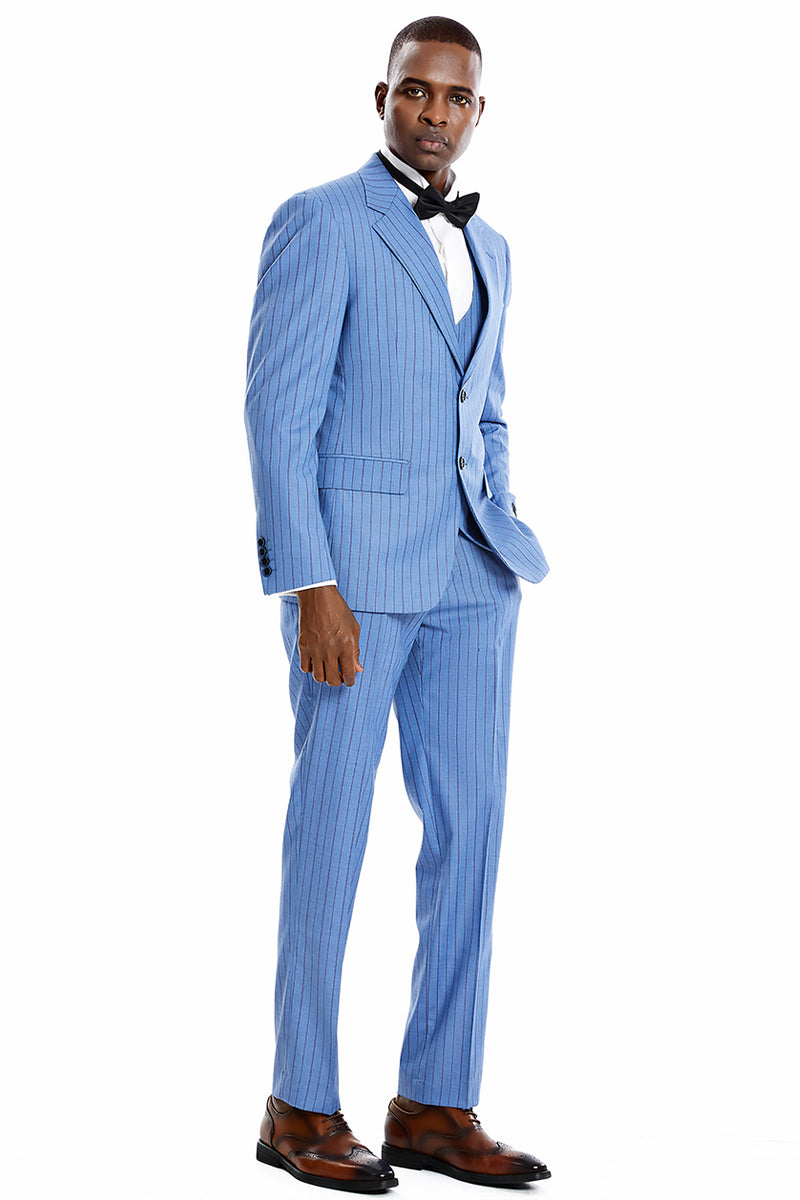 Men’s Two Button Vested Wide Notch Lapel Vintage Style Pinstripe Suit in Smoke Blue