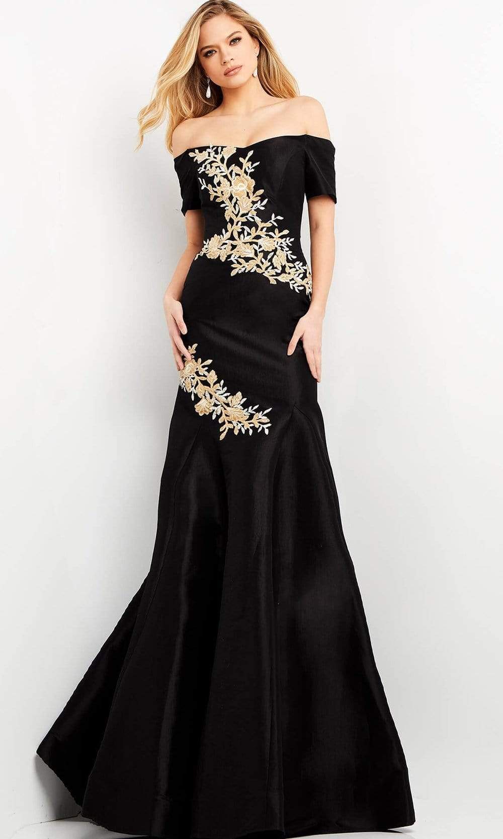 04814 Short Sleeve Off Shoulder Embroidered Trumpet Dress