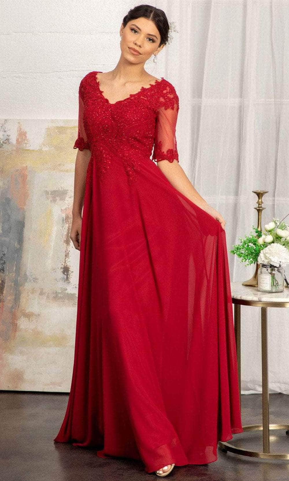 Applique-Ornate Quarter Sleeve Evening Dress