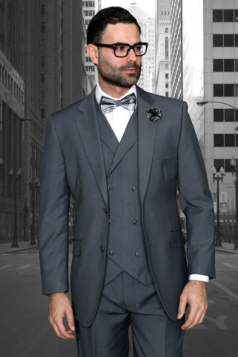 Men’s Designer Modern Fit Double Breasted Vest Wool Wedding Suit in Charcoal Grey