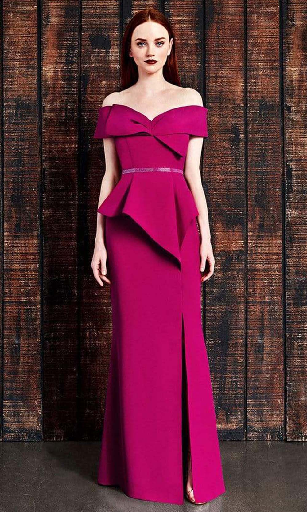 850 Bow Accent Off Shoulder Evening Dress