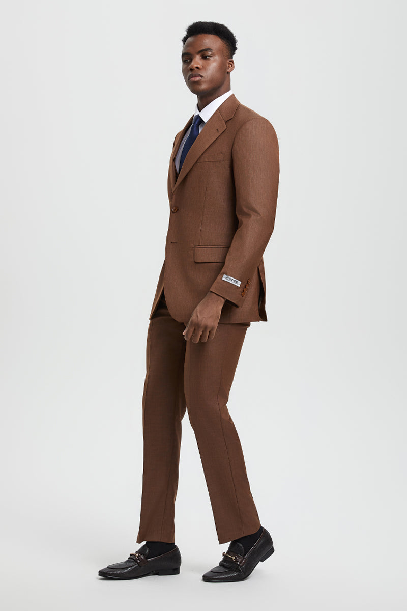 Men’s Two Button Vested Stacy Adams Designer Sharkskin Suit in Cognac