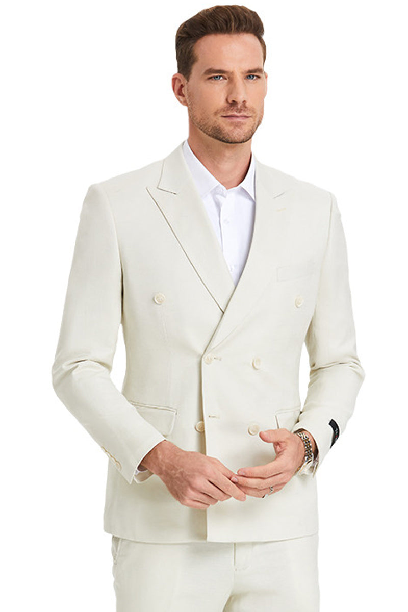 Men’s Slim Fit Double Breasted Summer Wedding Suit in Ivory Off White