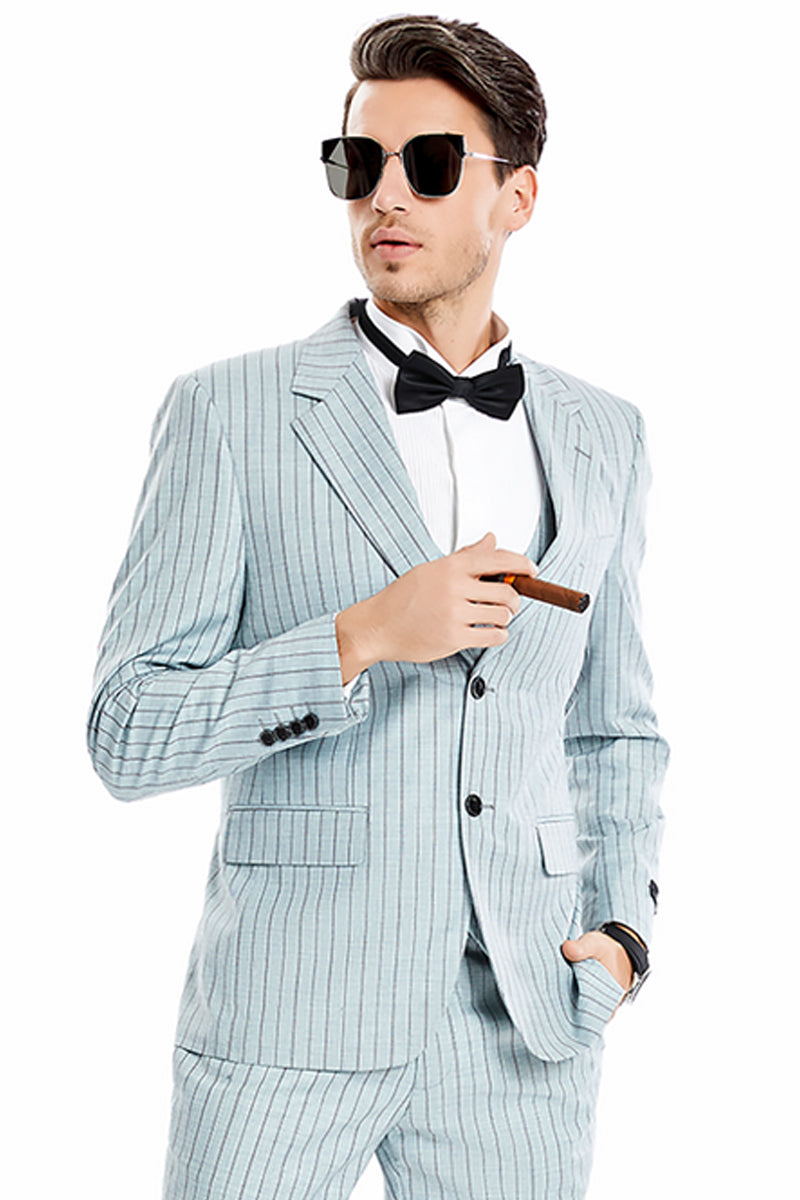 Men’s Two Button Vested Wide Notch Lapel Vintage Style Pinstripe Suit in Mint Grey