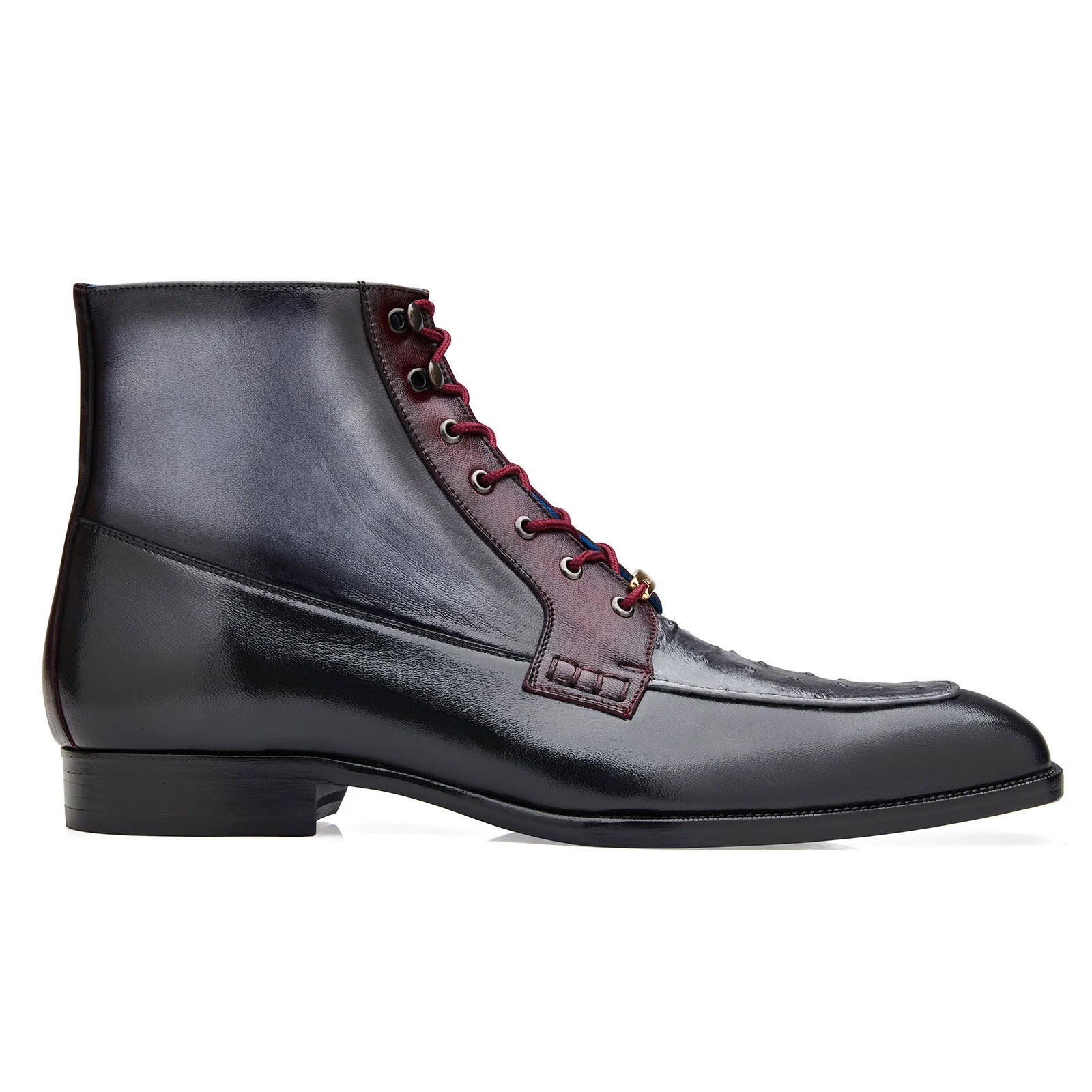 Men’s Belvedere Greco Ostrich Quill & Italian Leather Dress Boot in Black & Burgundy
