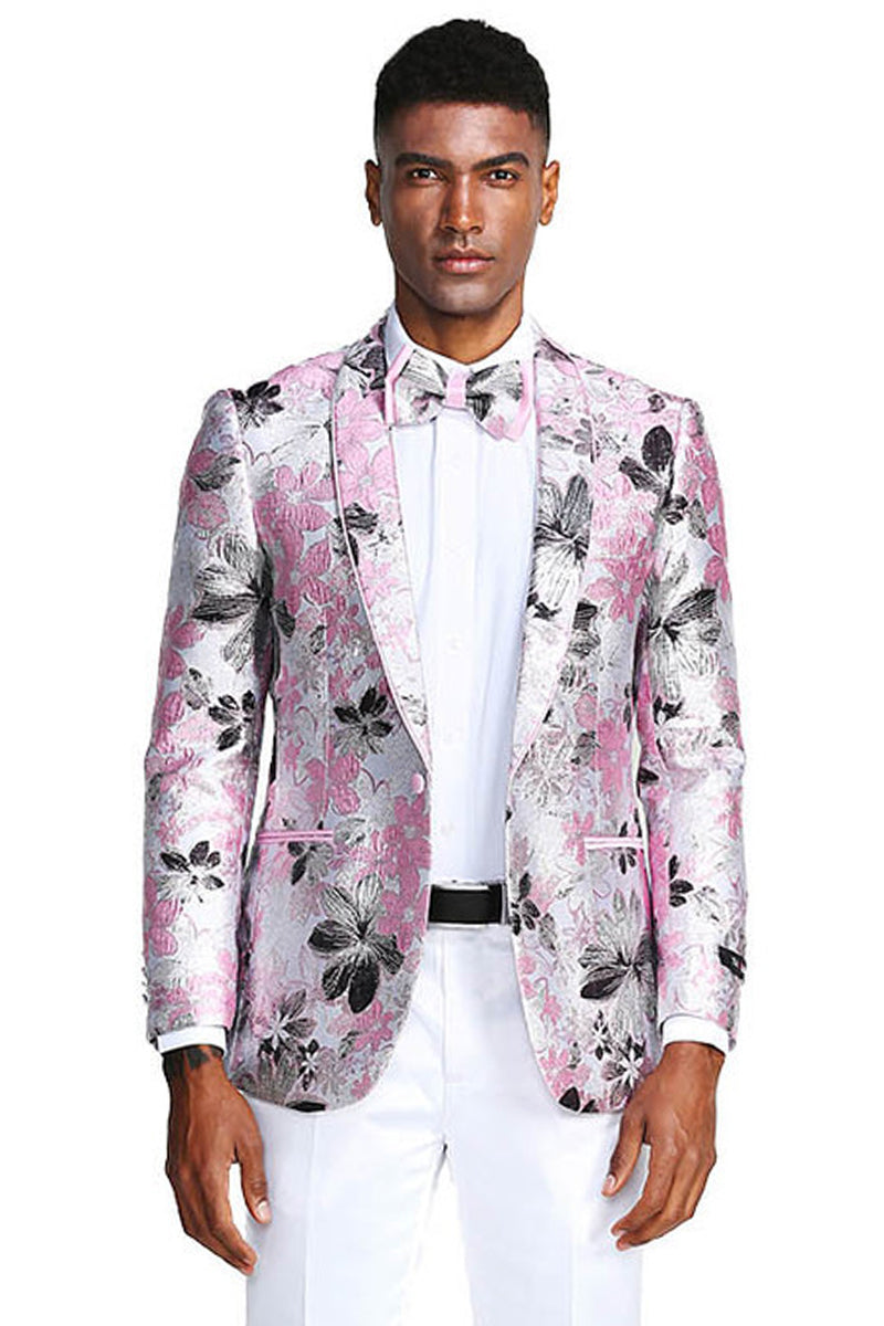 Men’s Slim Fit Paisley Prom Tuxedo Jacket in Pink & Black