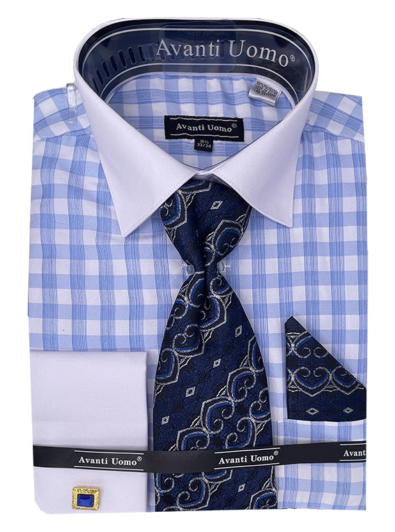 Men’s Contrast Collar French Cuff Checkered Plaid Dress Shirt Set in Light Blue