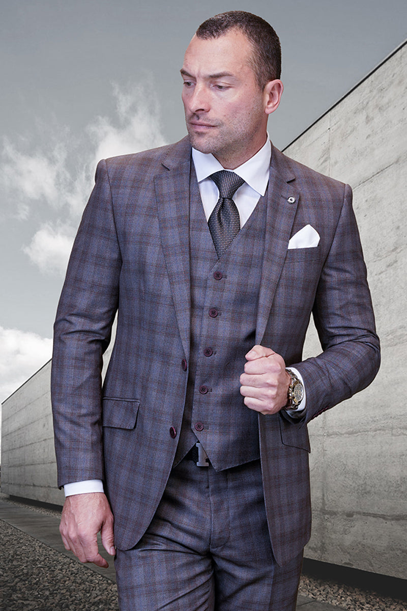 Men’s Designer Modern Fit Vested Wool Suit in Taupe Glen Plaid