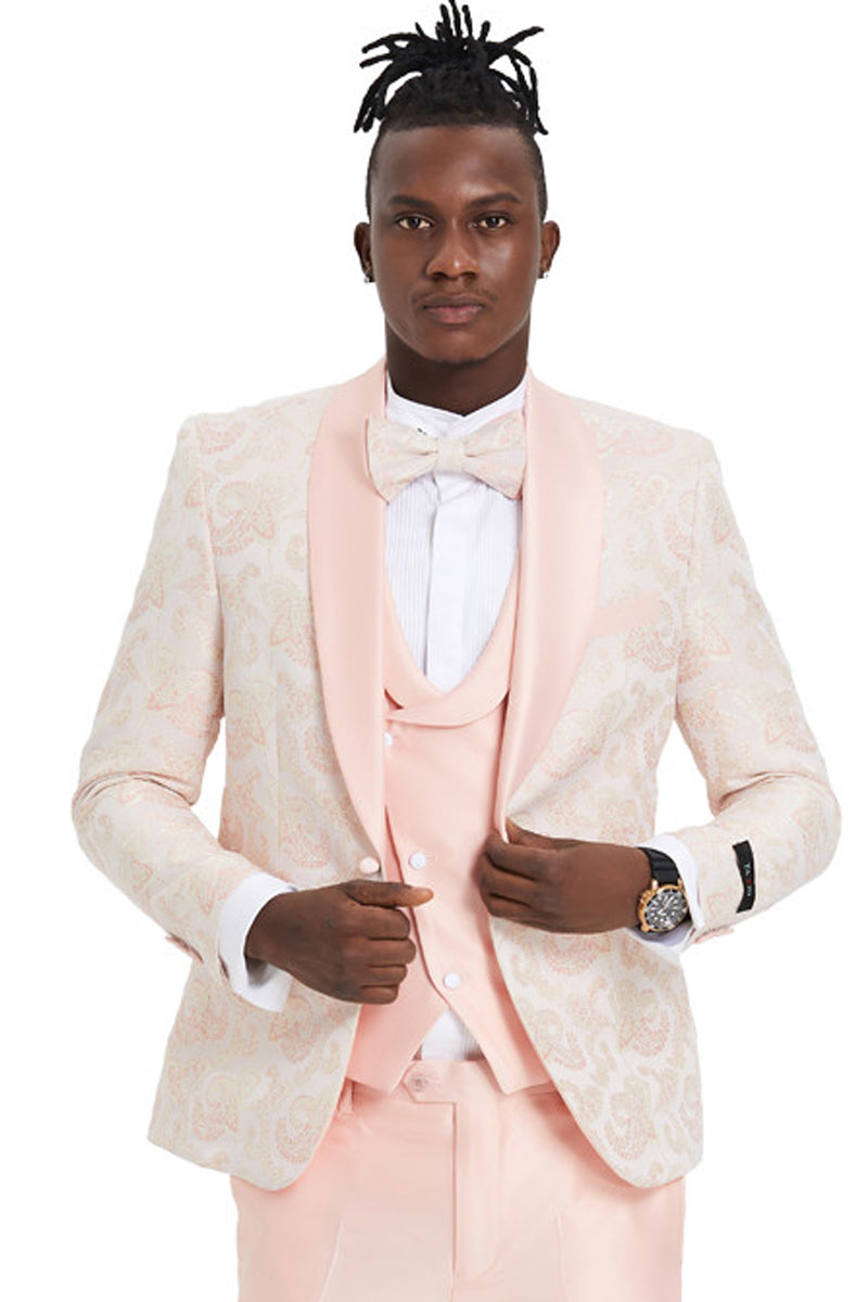 Men’s One Button Vested Shawl Lapel Prom Tuxedo in Embossed Pink Paisley