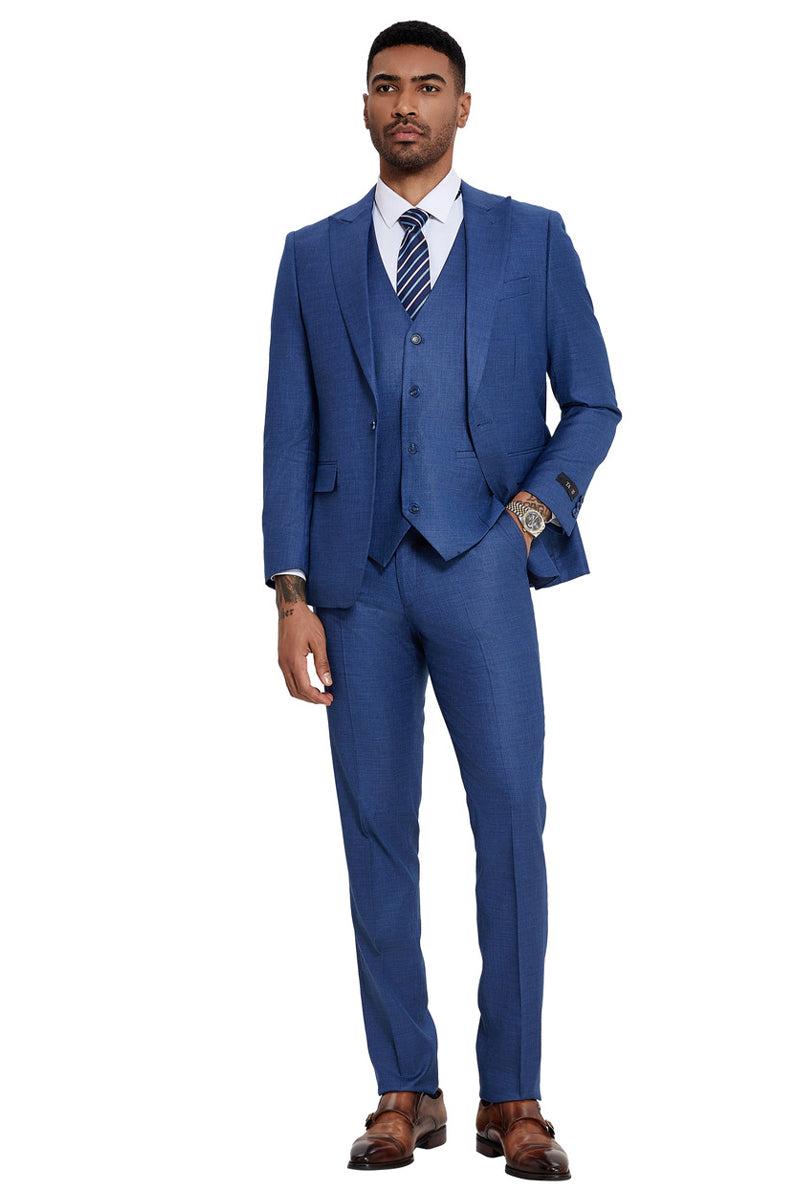 Men’s One Button Wide Peak Lapel Vested Slim Fit Suit in French Blue